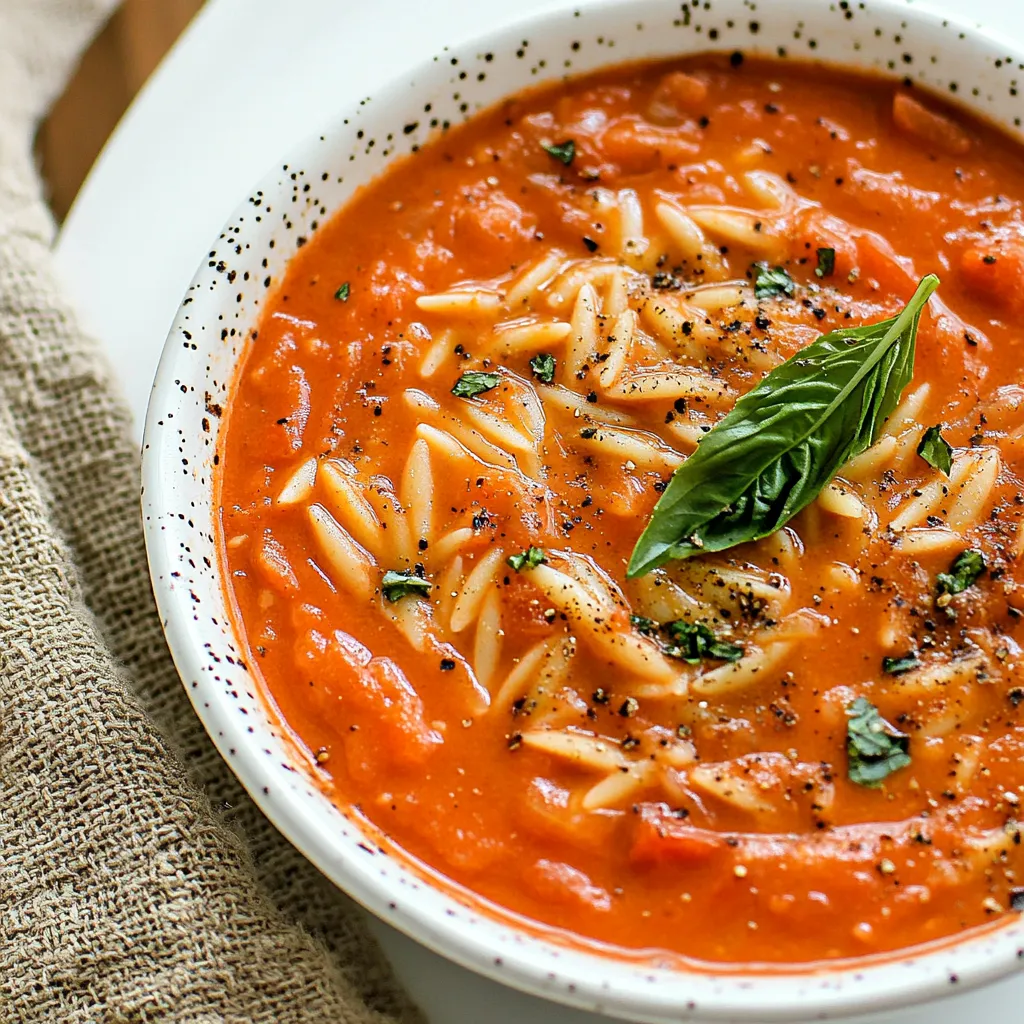 Creamy Roasted Red Pepper Tomato and Orzo Soup