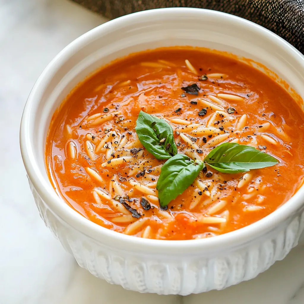Creamy Roasted Red Pepper Tomato and Orzo Soup