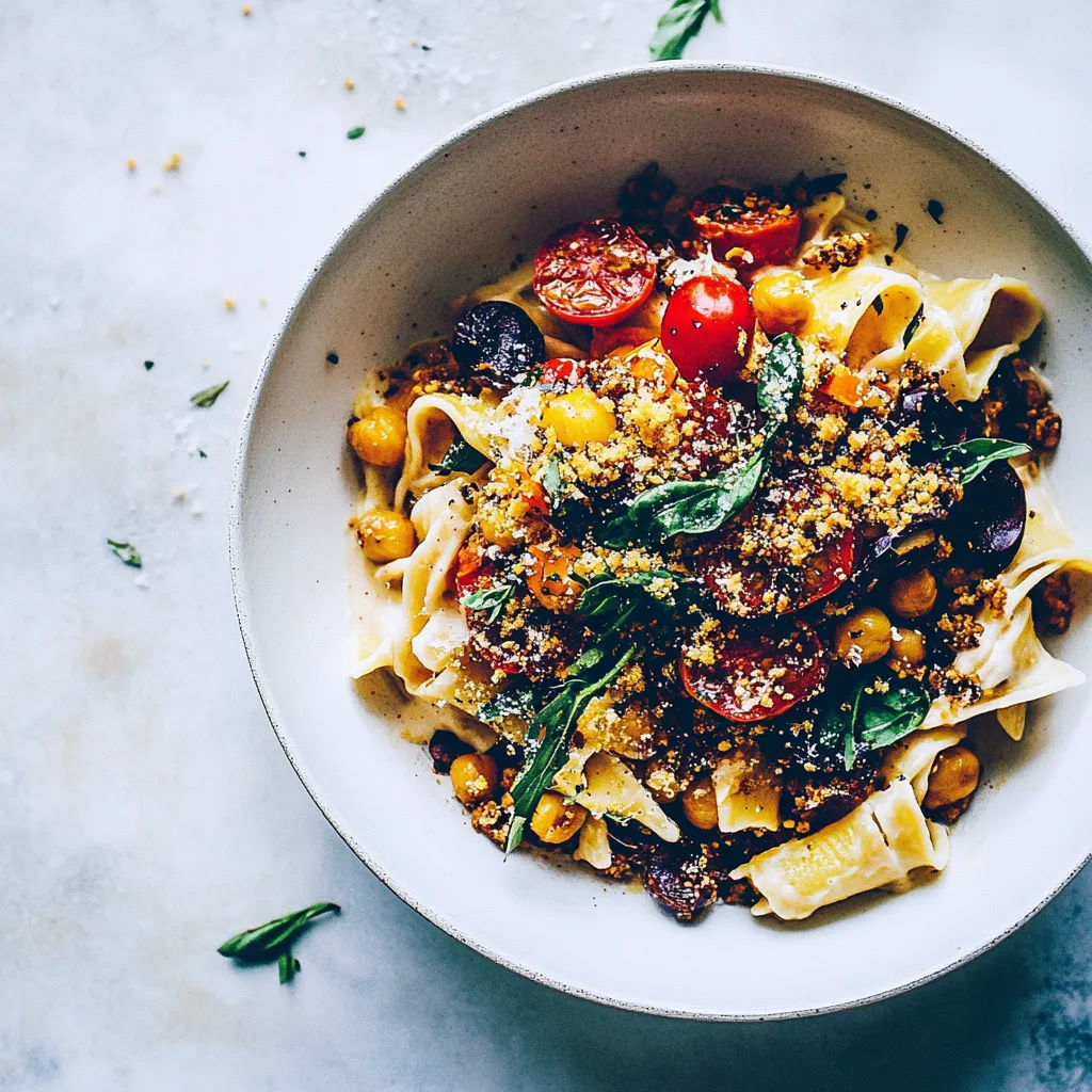 Rustic Vegan Pasta with Cheesy Chickpea Crumble Heirloom Tomatoes