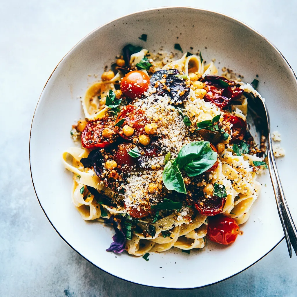 Rustic Vegan Pasta with Cheesy Chickpea Crumble Heirloom Tomatoes