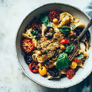 Rustic Vegan Pasta with Cheesy Chickpea Crumble Heirloom Tomatoes