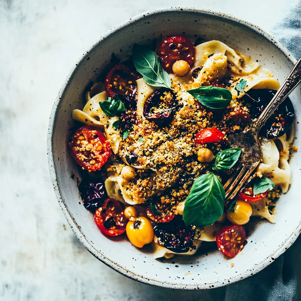 Rustic Vegan Pasta with Cheesy Chickpea Crumble Heirloom Tomatoes