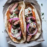 Greek Style Roasted Lamb Gyros with Harissa Spiced Tzatziki