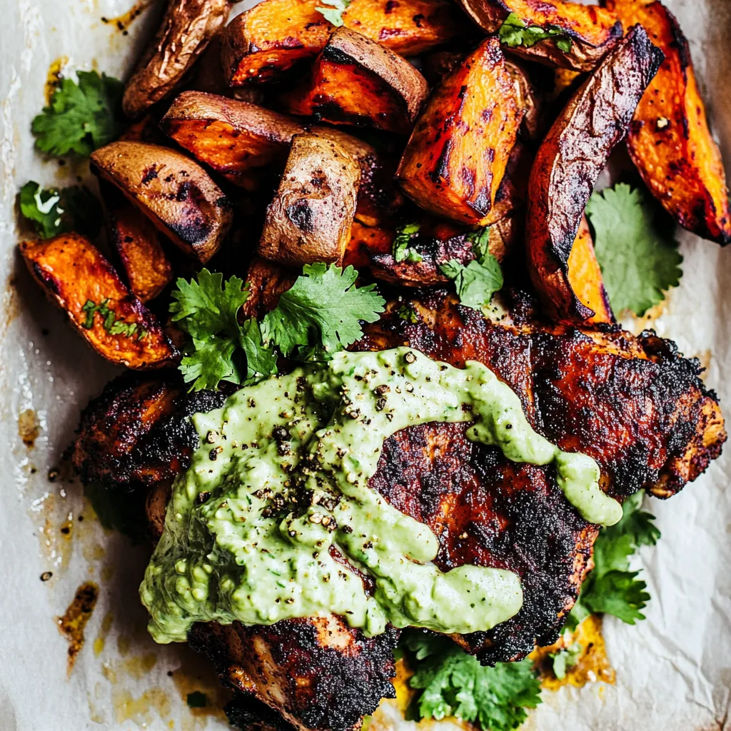 Sheet Pan Lemon Chicken with Sweet Potatoes and Avocado Goddess Sauce