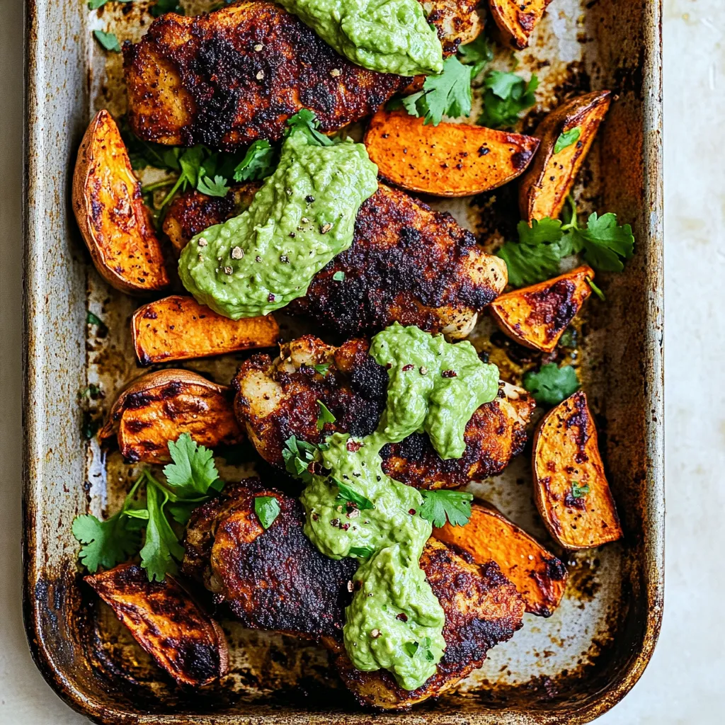 Sheet Pan Lemon Chicken with Sweet Potatoes and Avocado Goddess Sauce