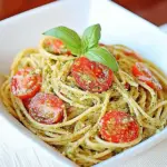 Spaghetti with Garlic Scape Pesto and Tomatoes